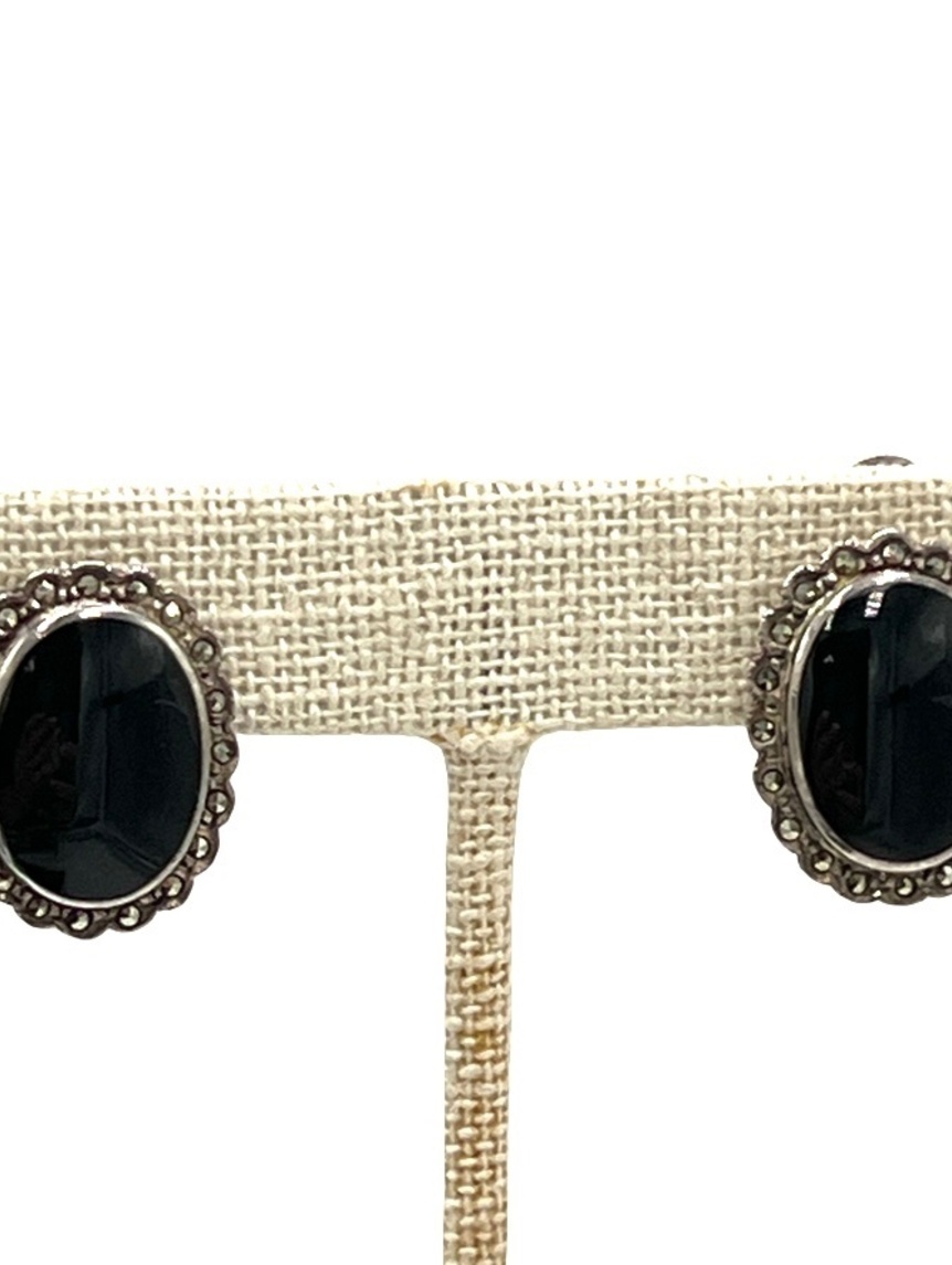 Vintage Oval Marcasite Onyx Clip-On Earrings Sterling Silver